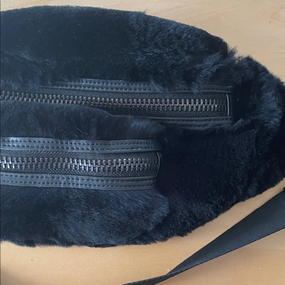 Black Real Rabbit Fur and Leather Belt Bag Crossbody JOCELYN
